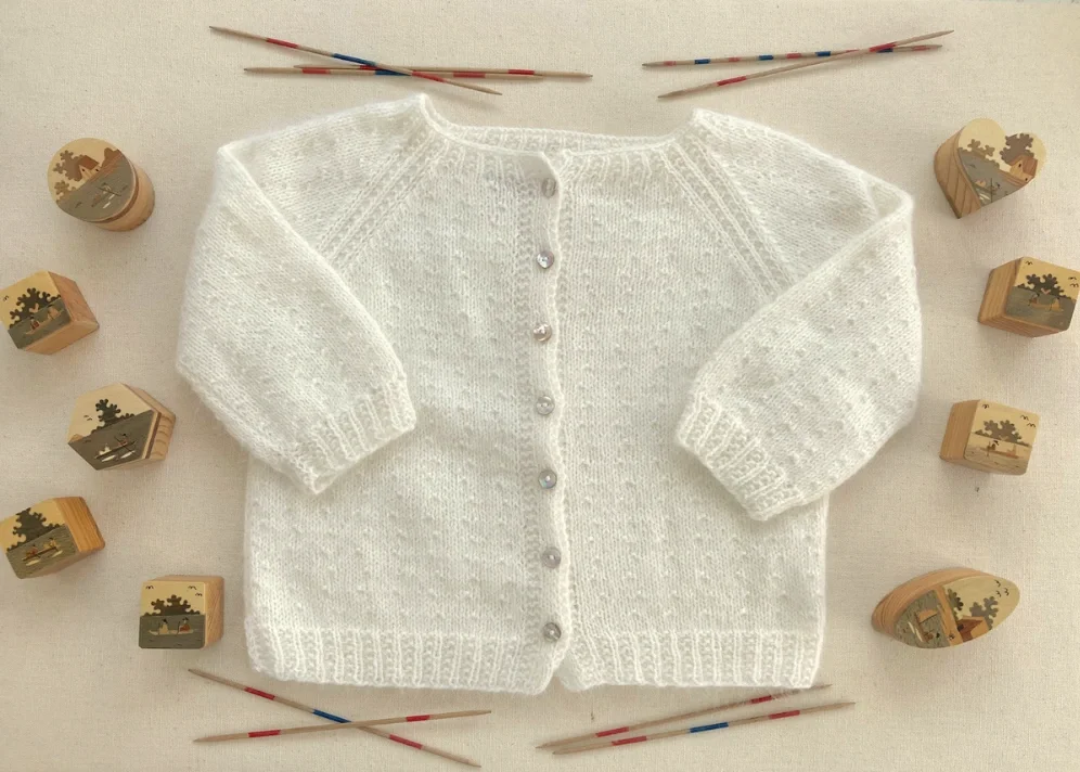 gilet cardigan à boutons, laine mérinos angora, tricot fait main en france pour enfants