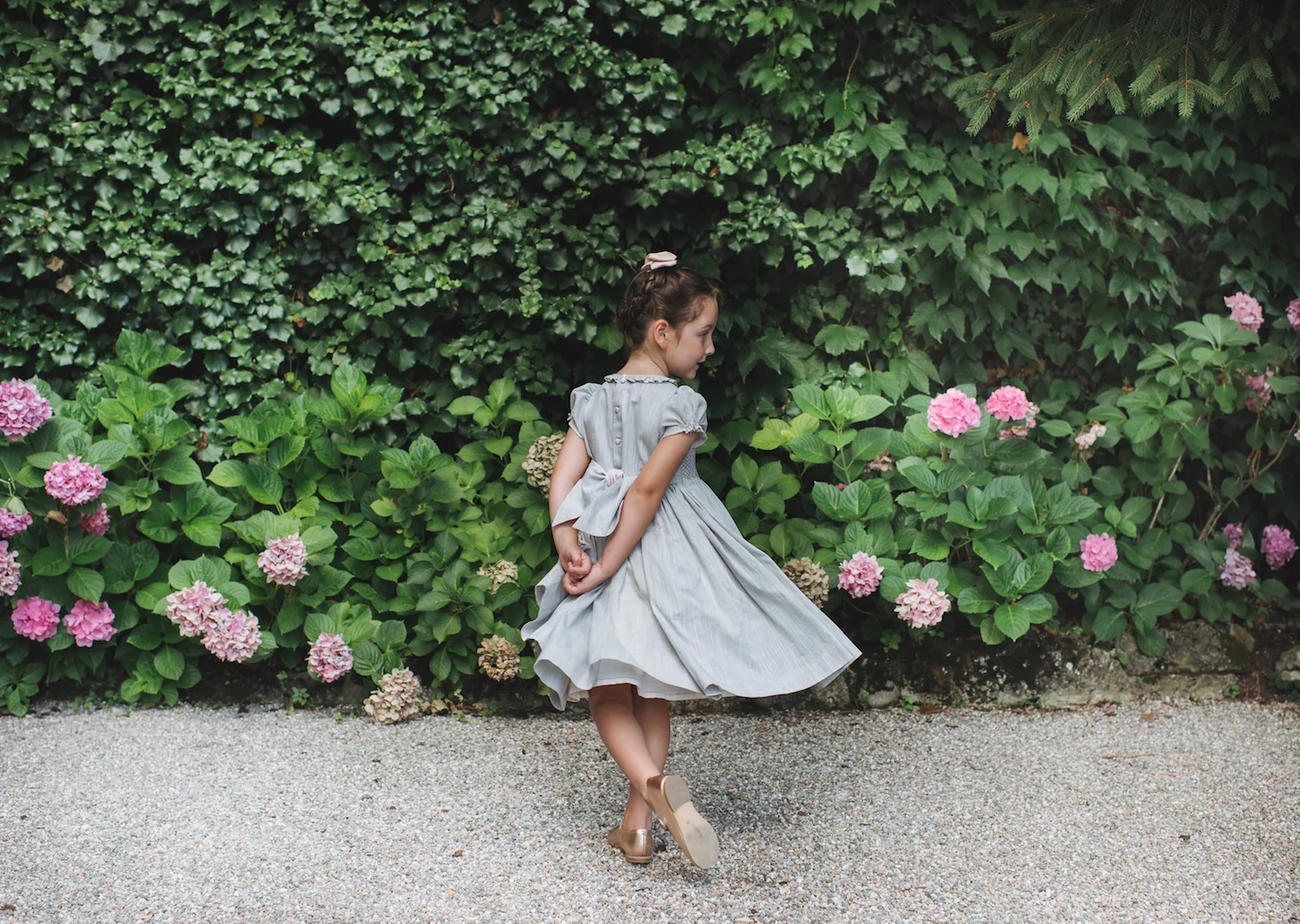 Pearl grey Amandine smocked dress