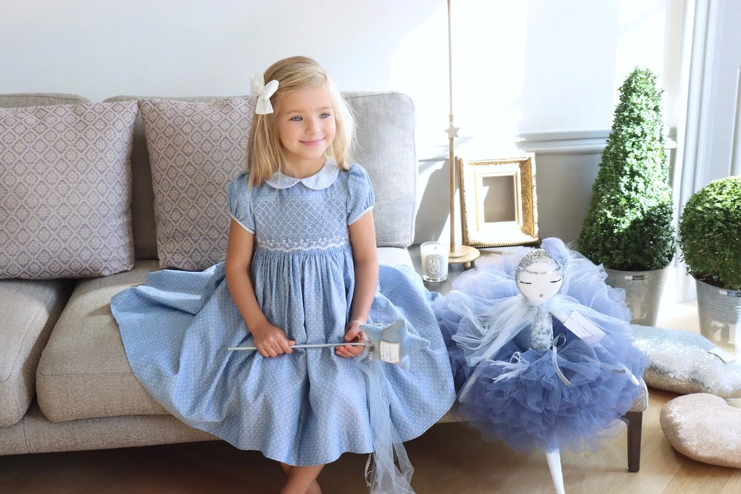Robe à smocks Cerise à pois bleu