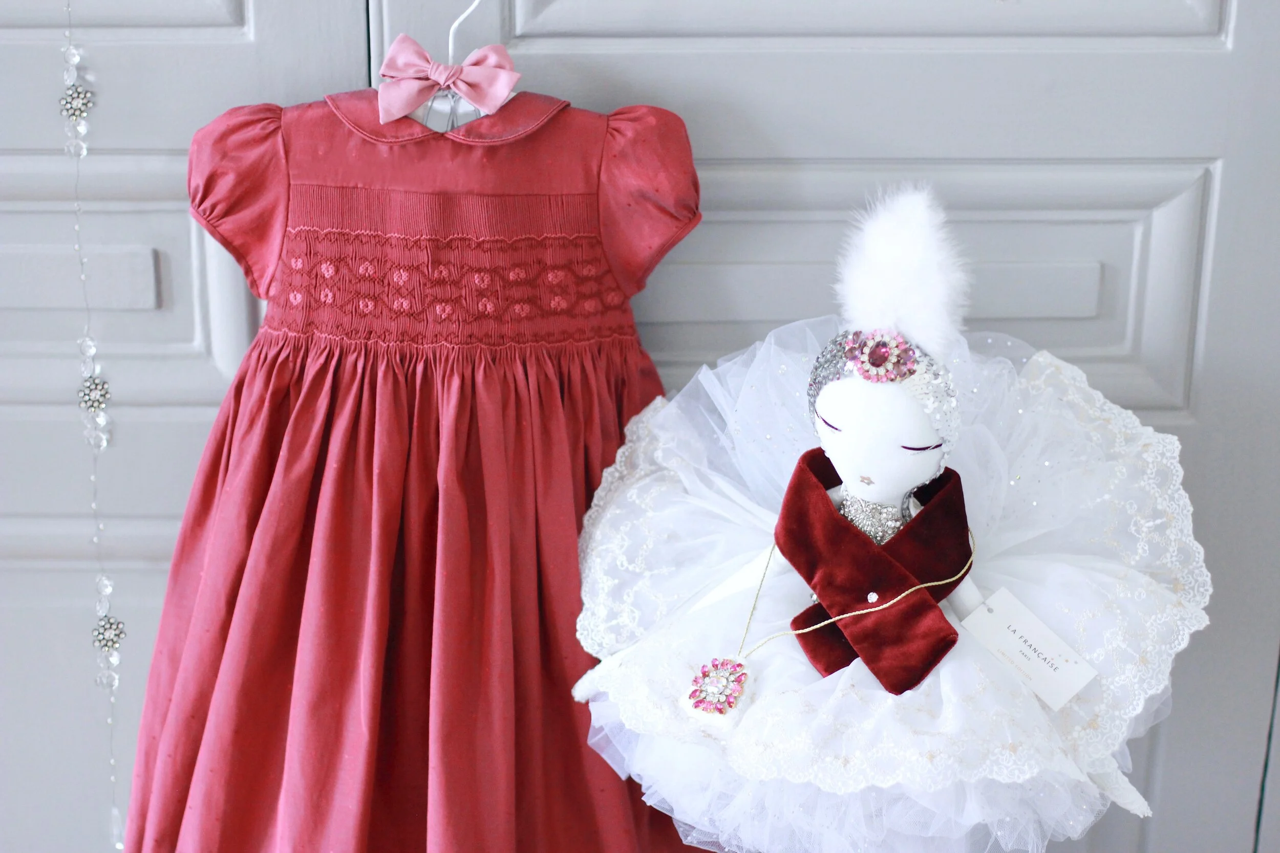 Red gemstone party smocked dress
