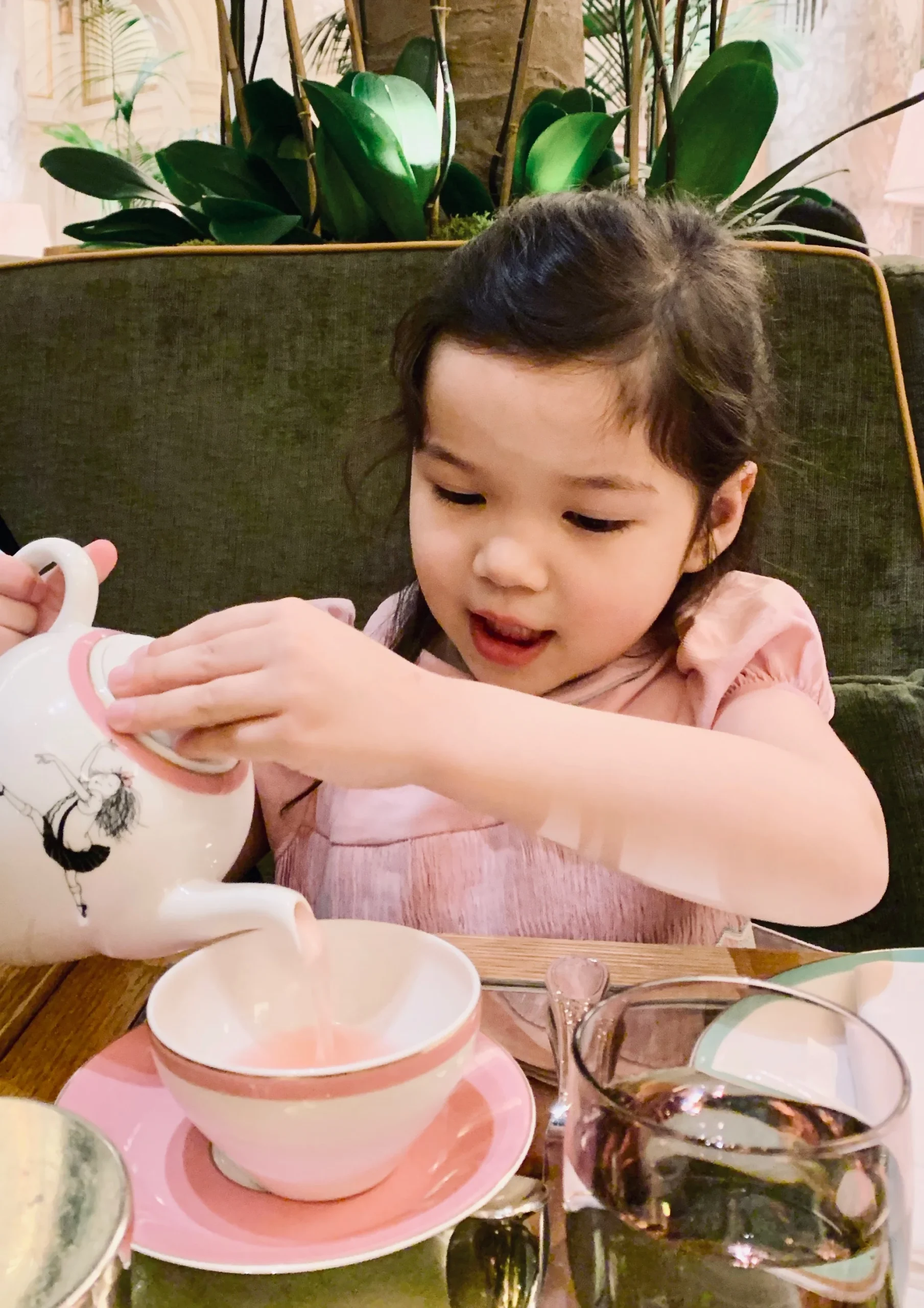 Tea at the Plaza Hotel New York - Kate is wearing her favorite handmade pink velvet dress
