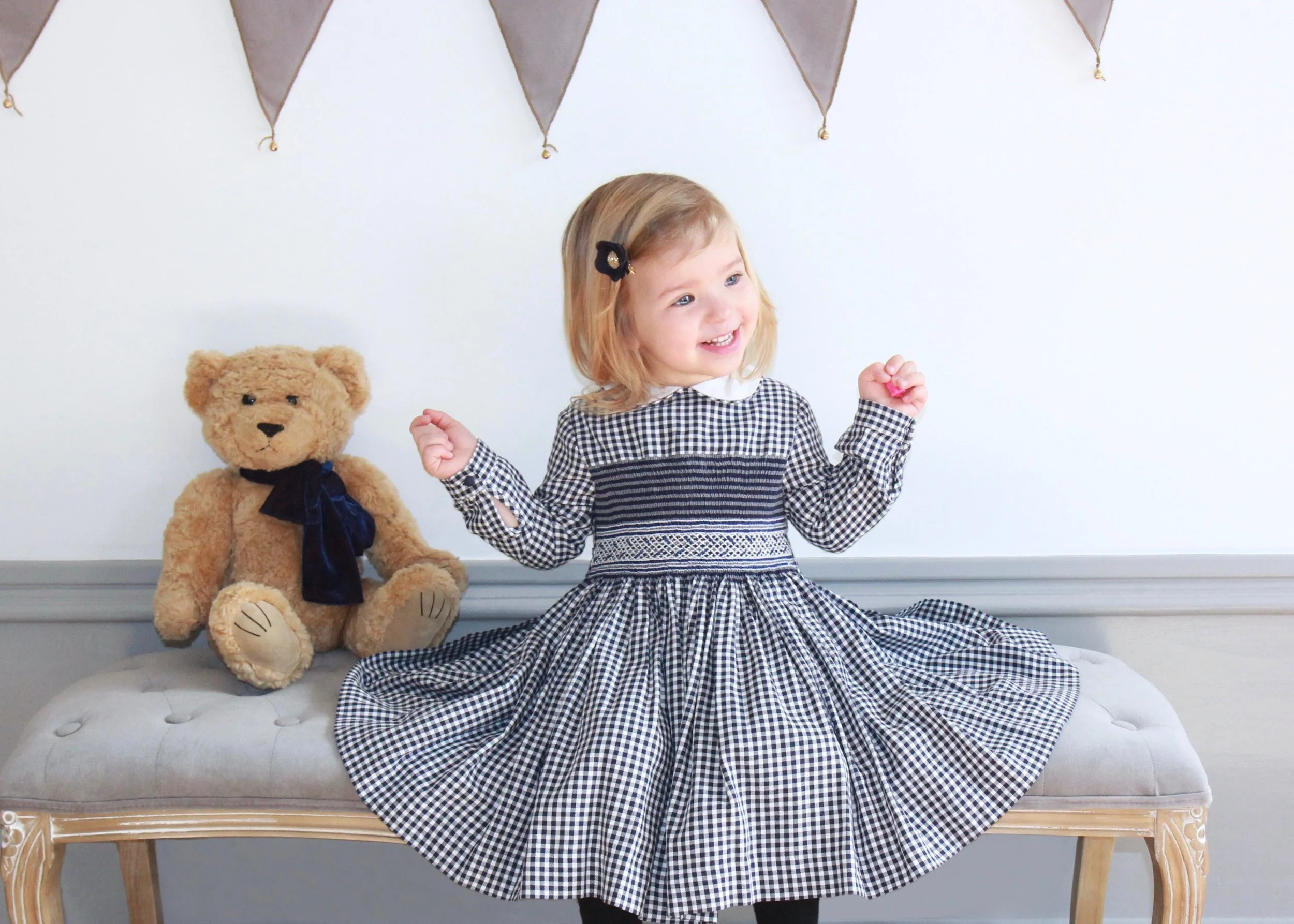 Handmade navy checked Cerise smocked dress