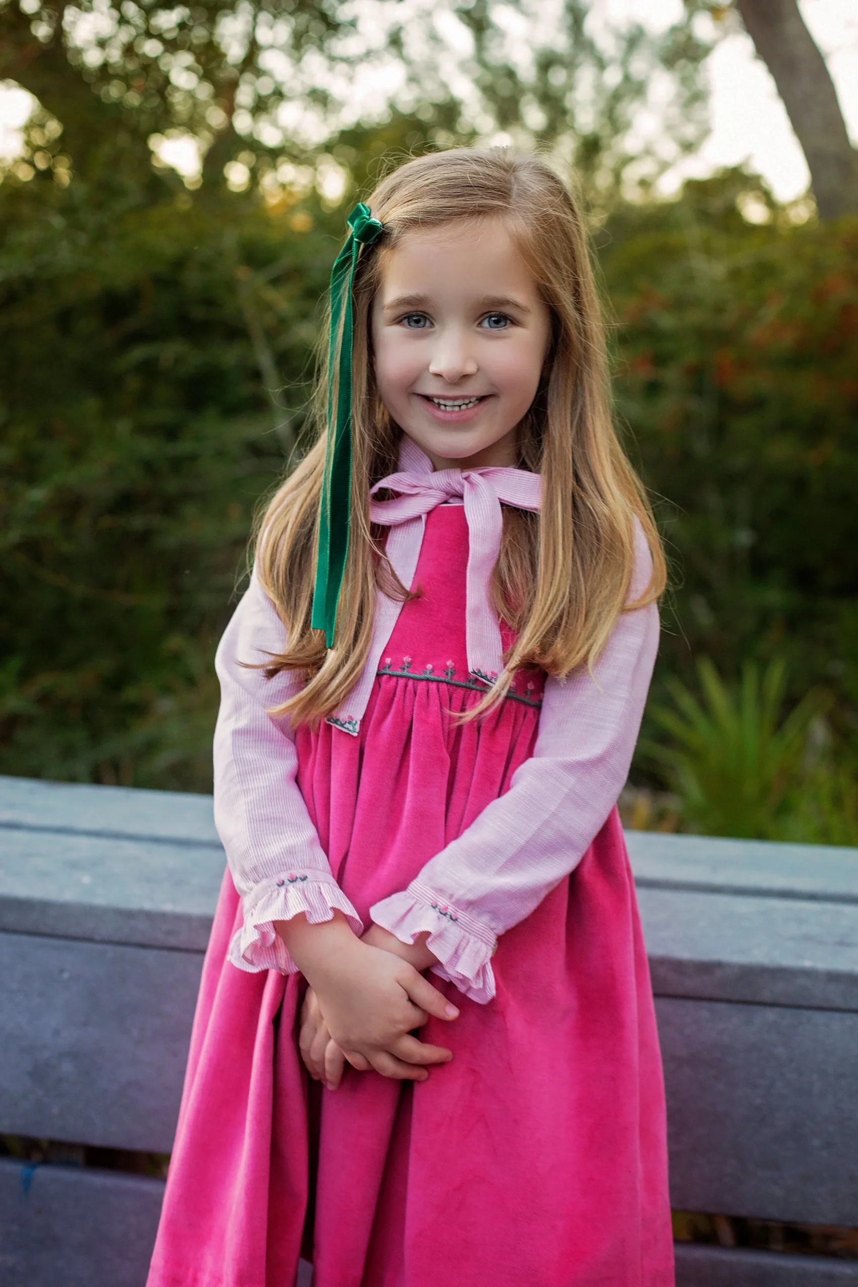 Frazier wearing our handmade Velvet Elise outfit with delicate embroideries