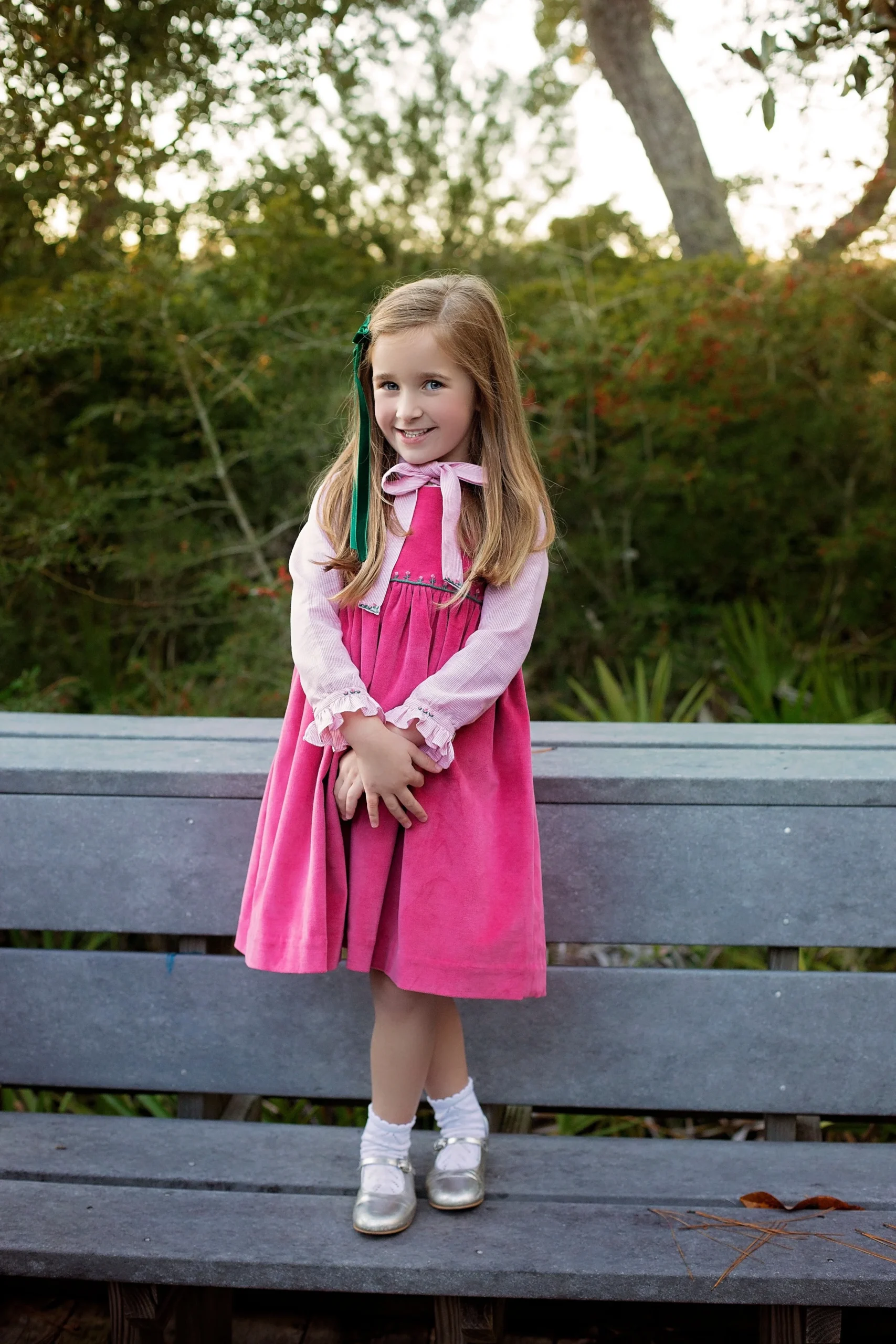 Frazier wearing our handmade Velvet Elise outfit with delicate embroideries